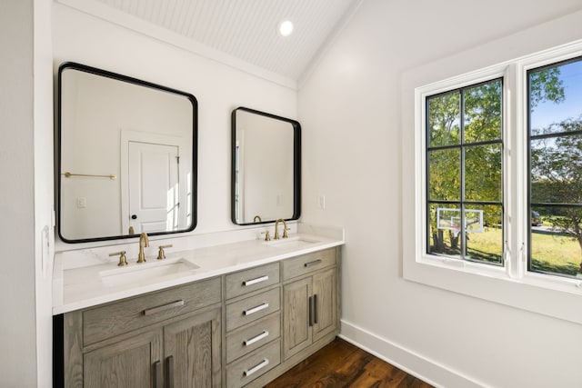 bathroom featuring wood ceiling, vanity, wood-type flooring, and lofted ceiling