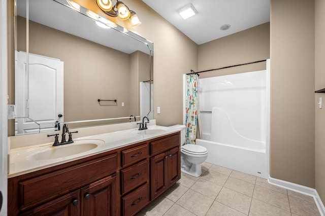 full bathroom with vanity, tile patterned flooring, toilet, and shower / tub combo with curtain