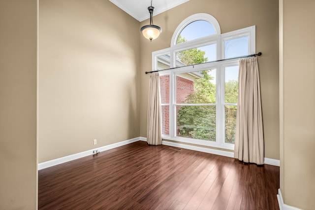 spare room with dark wood-type flooring and crown molding