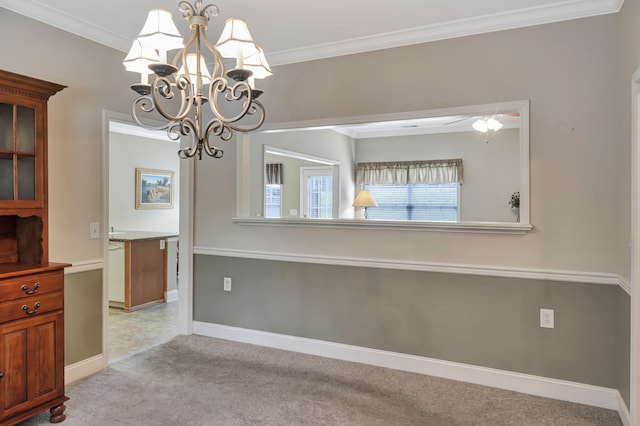 interior space featuring light colored carpet, crown molding, and a chandelier