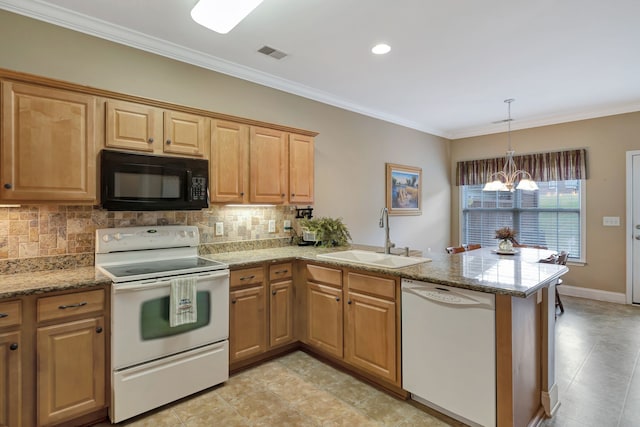 kitchen featuring kitchen peninsula, sink, white appliances, backsplash, and an inviting chandelier