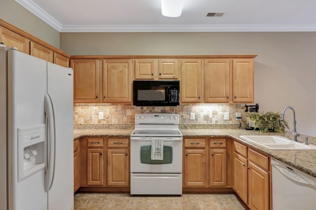 kitchen featuring white appliances, crown molding, tasteful backsplash, and sink