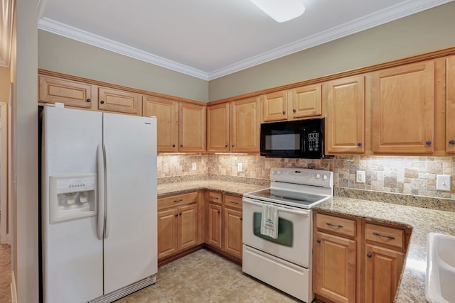 kitchen featuring crown molding, white appliances, backsplash, and light stone counters