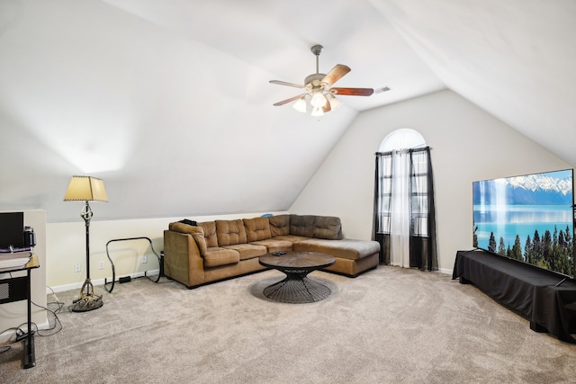 carpeted living room featuring lofted ceiling and ceiling fan