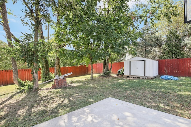 view of yard featuring a storage shed