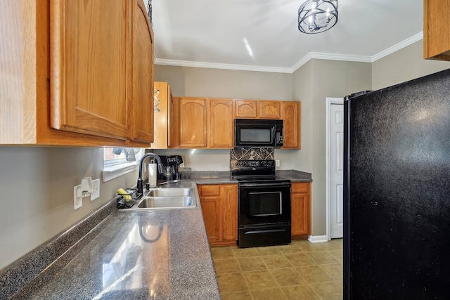 kitchen featuring black appliances, sink, and ornamental molding