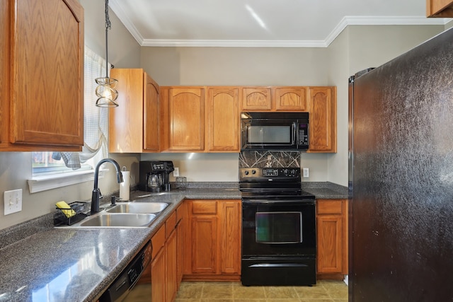 kitchen with ornamental molding, black appliances, light tile patterned floors, and sink