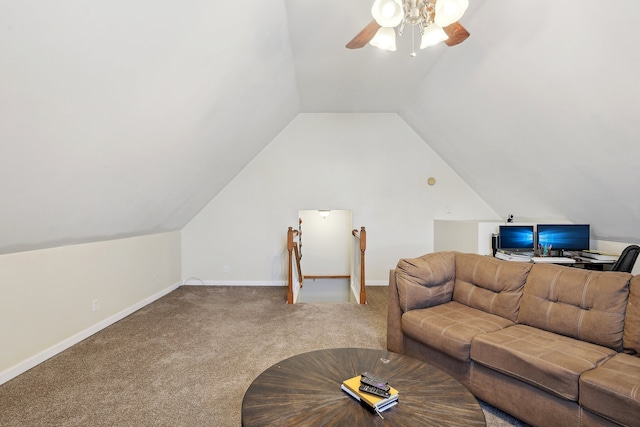 living room featuring lofted ceiling, carpet flooring, and ceiling fan