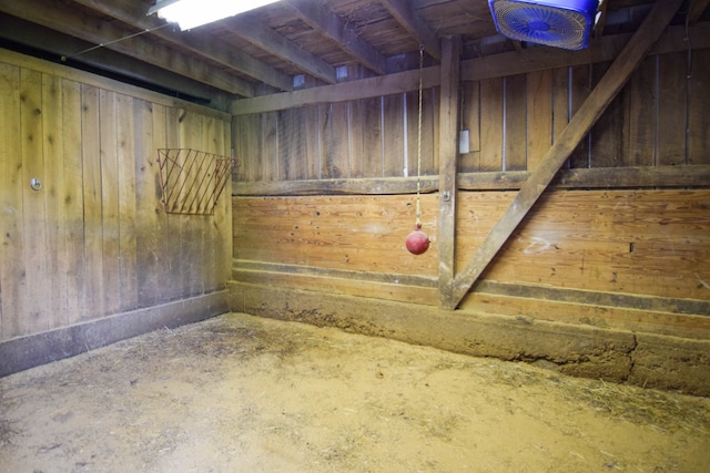 basement featuring wood walls