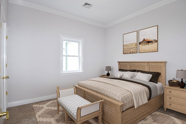 carpeted bedroom with crown molding