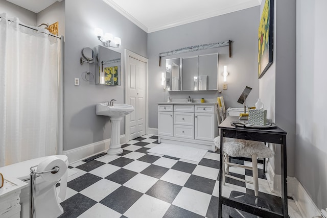 bathroom with ornamental molding and a shower with curtain