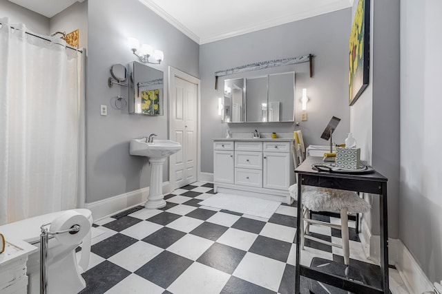 full bathroom with baseboards, curtained shower, two sinks, crown molding, and tile patterned floors