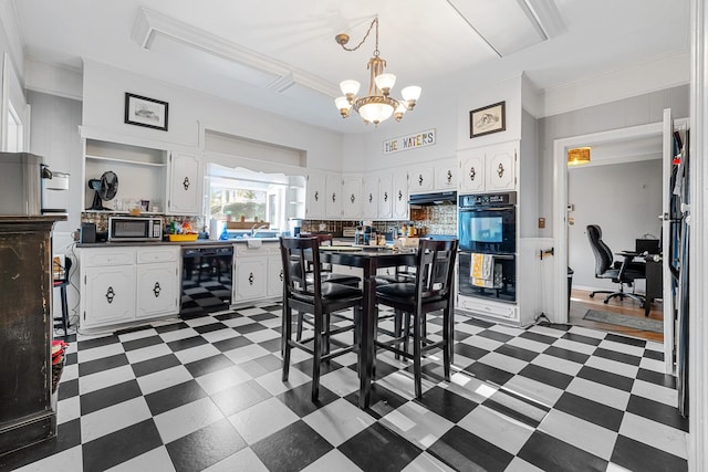 dining space with wine cooler, ornamental molding, an inviting chandelier, and light floors