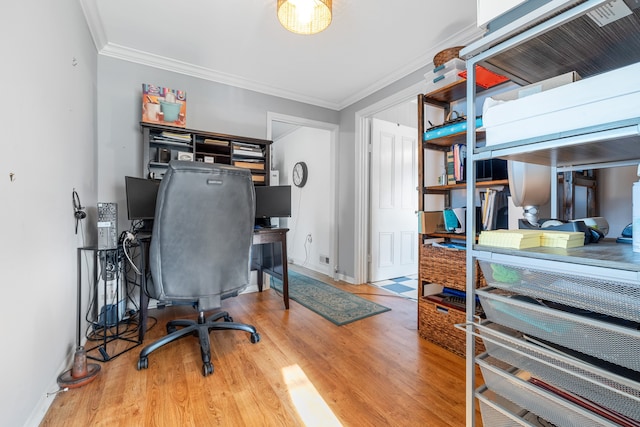 office space featuring wood-type flooring and crown molding