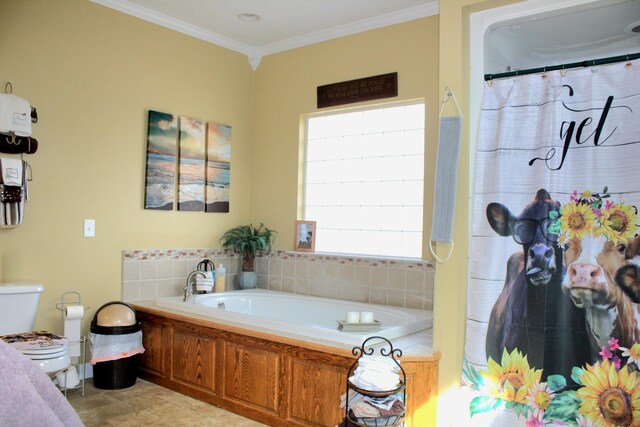 bathroom with independent shower and bath, ornamental molding, and toilet