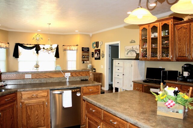 kitchen with ornamental molding, dishwasher, and decorative light fixtures