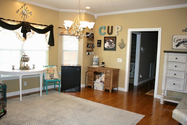 interior space featuring dark hardwood / wood-style flooring, a notable chandelier, and crown molding