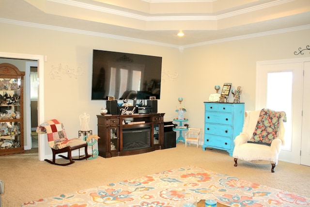 living area featuring carpet floors, crown molding, a fireplace, and a tray ceiling