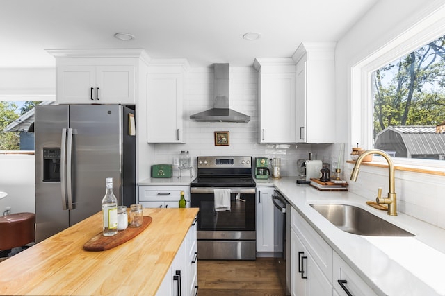 kitchen with appliances with stainless steel finishes, white cabinetry, wall chimney exhaust hood, dark hardwood / wood-style floors, and sink