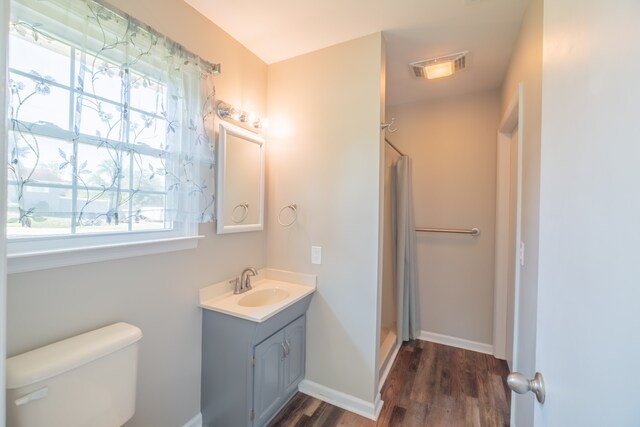 bathroom featuring hardwood / wood-style floors, vanity, and toilet