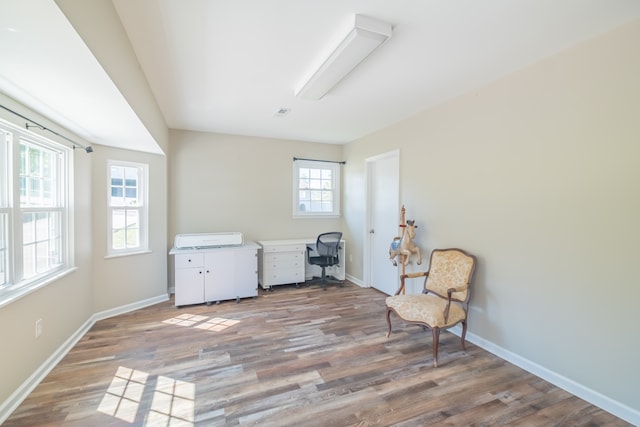 living area with plenty of natural light and hardwood / wood-style floors