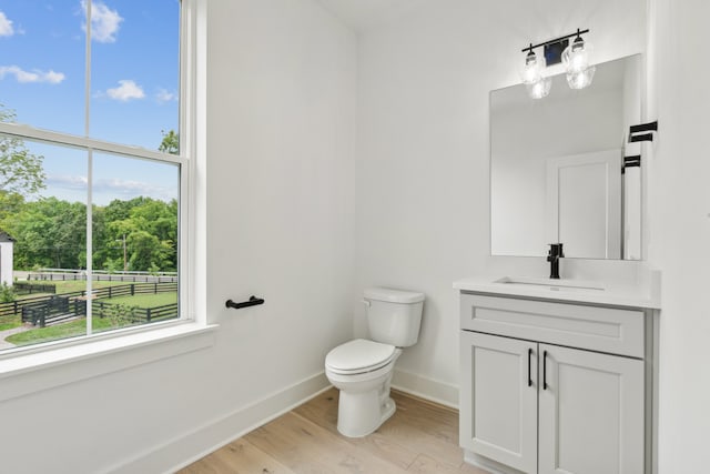 bathroom with hardwood / wood-style flooring, vanity, and toilet