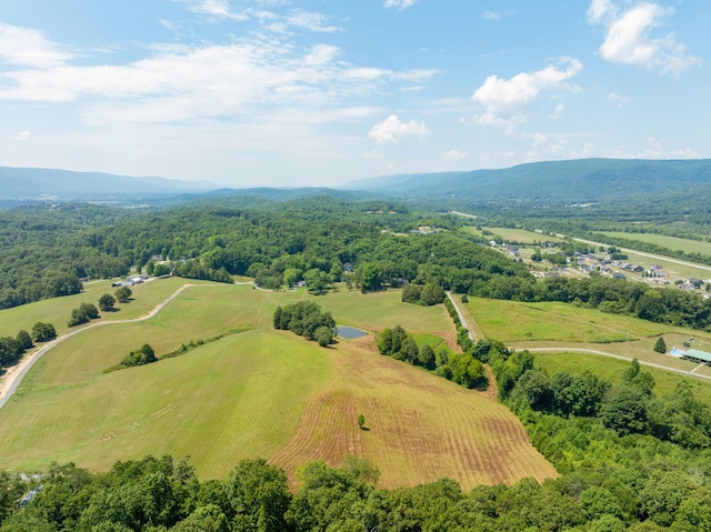 birds eye view of property featuring a mountain view and a rural view