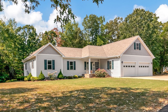 ranch-style home featuring a front yard and a garage