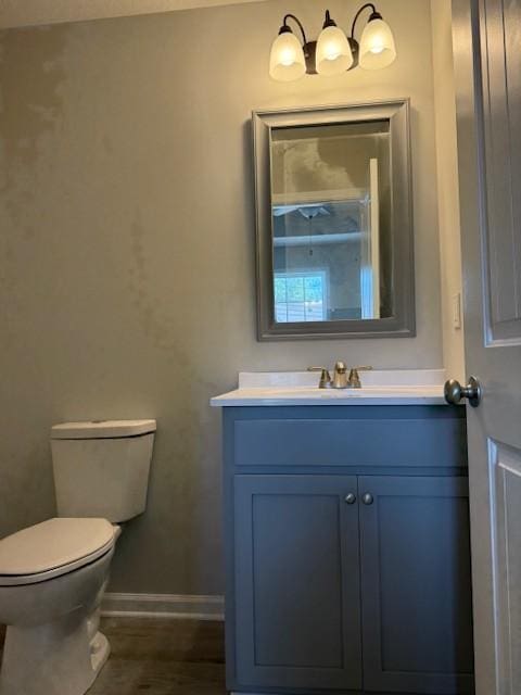 bathroom with vanity, toilet, and wood-type flooring