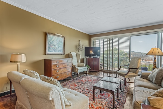 living room with ornamental molding and dark parquet flooring