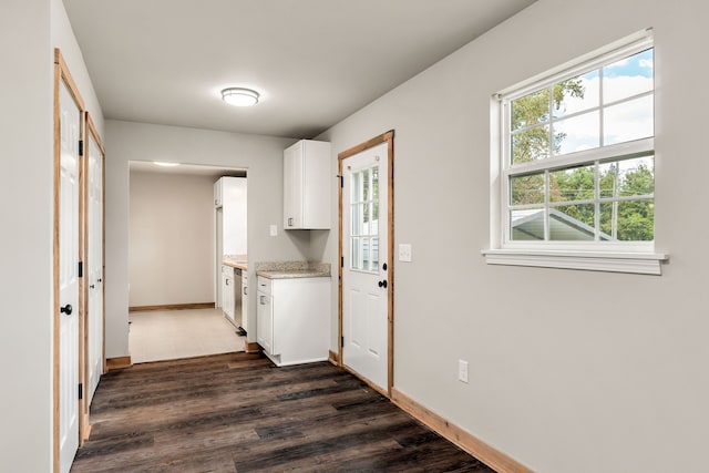 kitchen with dark hardwood / wood-style flooring and white cabinetry