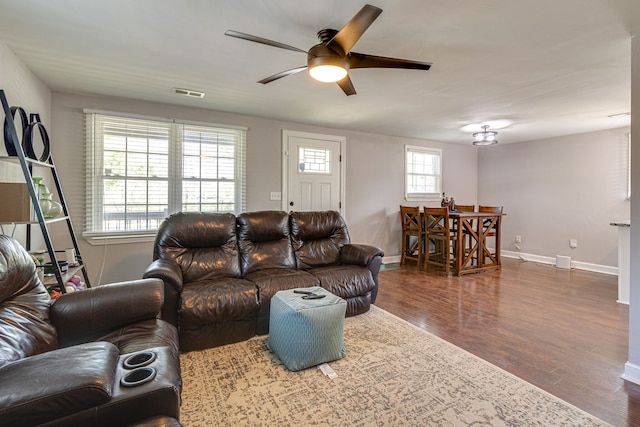 living room with dark wood-type flooring, ceiling fan, and a wealth of natural light