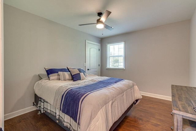 bedroom featuring ceiling fan and dark hardwood / wood-style floors