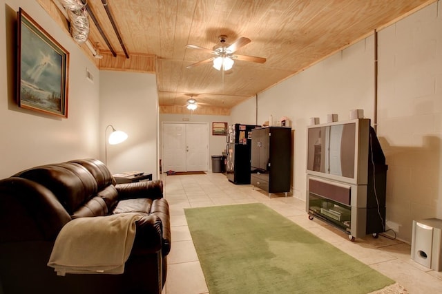 living room featuring light tile patterned floors, wood ceiling, lofted ceiling, and ceiling fan