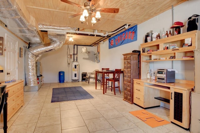 basement featuring ceiling fan, electric water heater, wooden ceiling, and light tile patterned floors