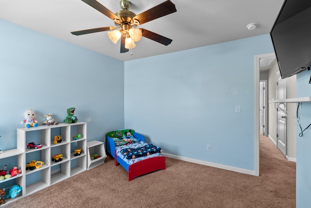 bedroom with ceiling fan and light colored carpet