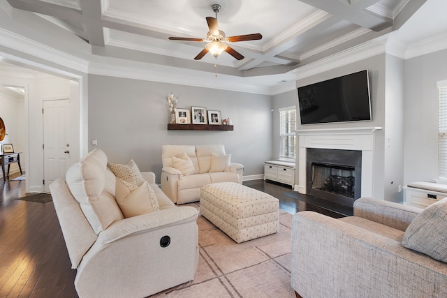 living room with ceiling fan, beam ceiling, wood-type flooring, coffered ceiling, and crown molding