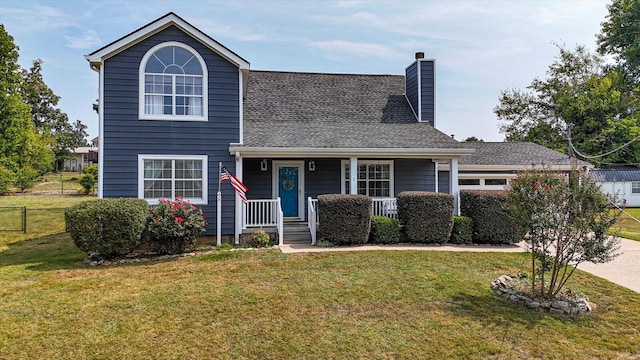 view of front of property featuring a porch and a front lawn