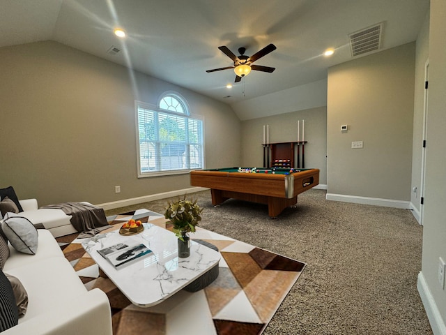 playroom featuring vaulted ceiling, ceiling fan, carpet floors, and billiards