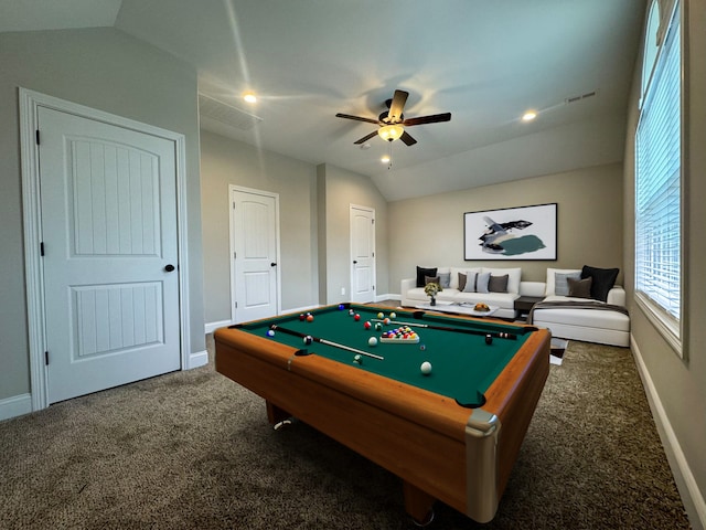 game room featuring lofted ceiling, dark colored carpet, pool table, and ceiling fan