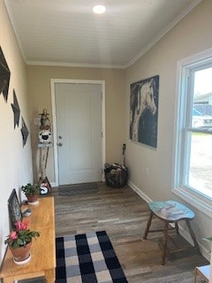 foyer featuring ornamental molding and dark hardwood / wood-style flooring