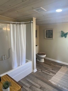 bathroom with hardwood / wood-style floors, wood ceiling, toilet, and shower / bath combo with shower curtain