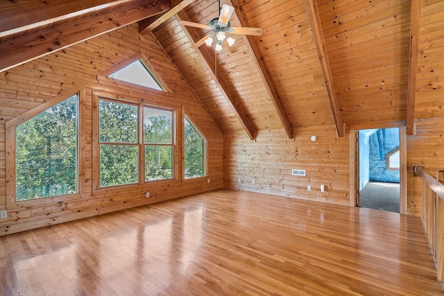 additional living space featuring wood walls, ceiling fan, wooden ceiling, light hardwood / wood-style flooring, and vaulted ceiling with beams