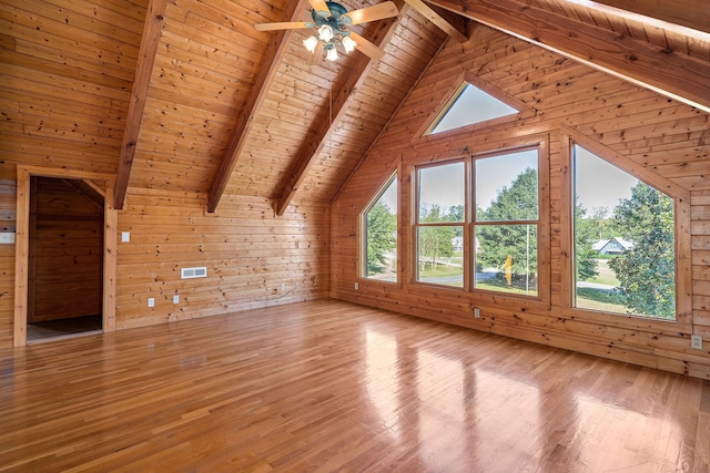 bonus room featuring ceiling fan, vaulted ceiling with beams, wood ceiling, wooden walls, and light hardwood / wood-style flooring