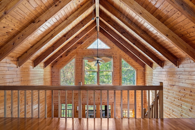 interior space featuring beam ceiling, wood walls, and wood ceiling