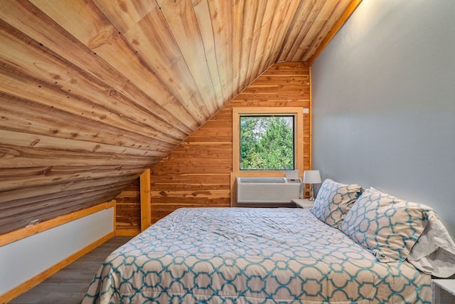 unfurnished bedroom featuring cooling unit, lofted ceiling, wood walls, wood-type flooring, and wooden ceiling