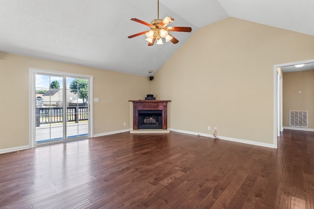 unfurnished living room with dark hardwood / wood-style floors, ceiling fan, and high vaulted ceiling