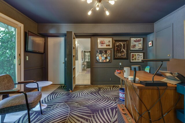 office featuring ornamental molding and hardwood / wood-style floors