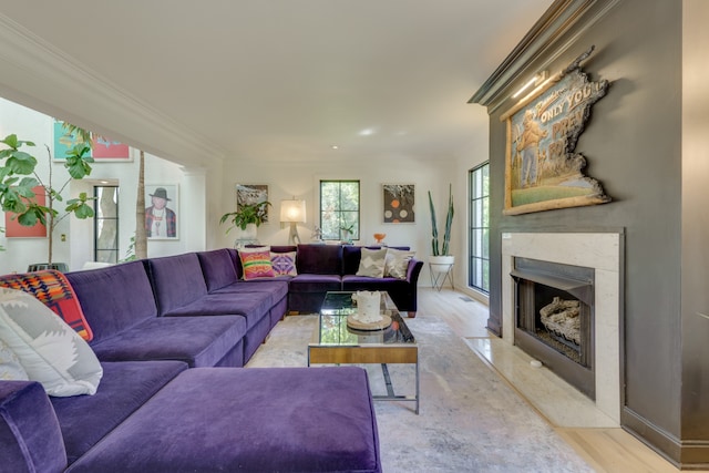 living room featuring ornamental molding, light hardwood / wood-style flooring, and a premium fireplace