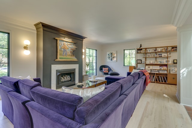 living room with light hardwood / wood-style floors, ornamental molding, a high end fireplace, and a healthy amount of sunlight